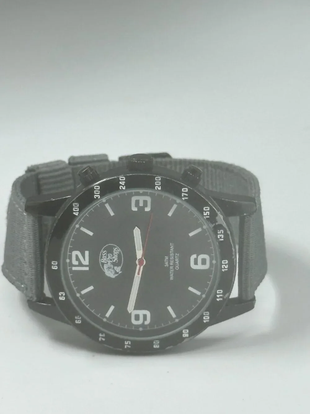 Bass Pro Shops Watch Men Black Dial 46MM Grey Canvas Band New Battery 9